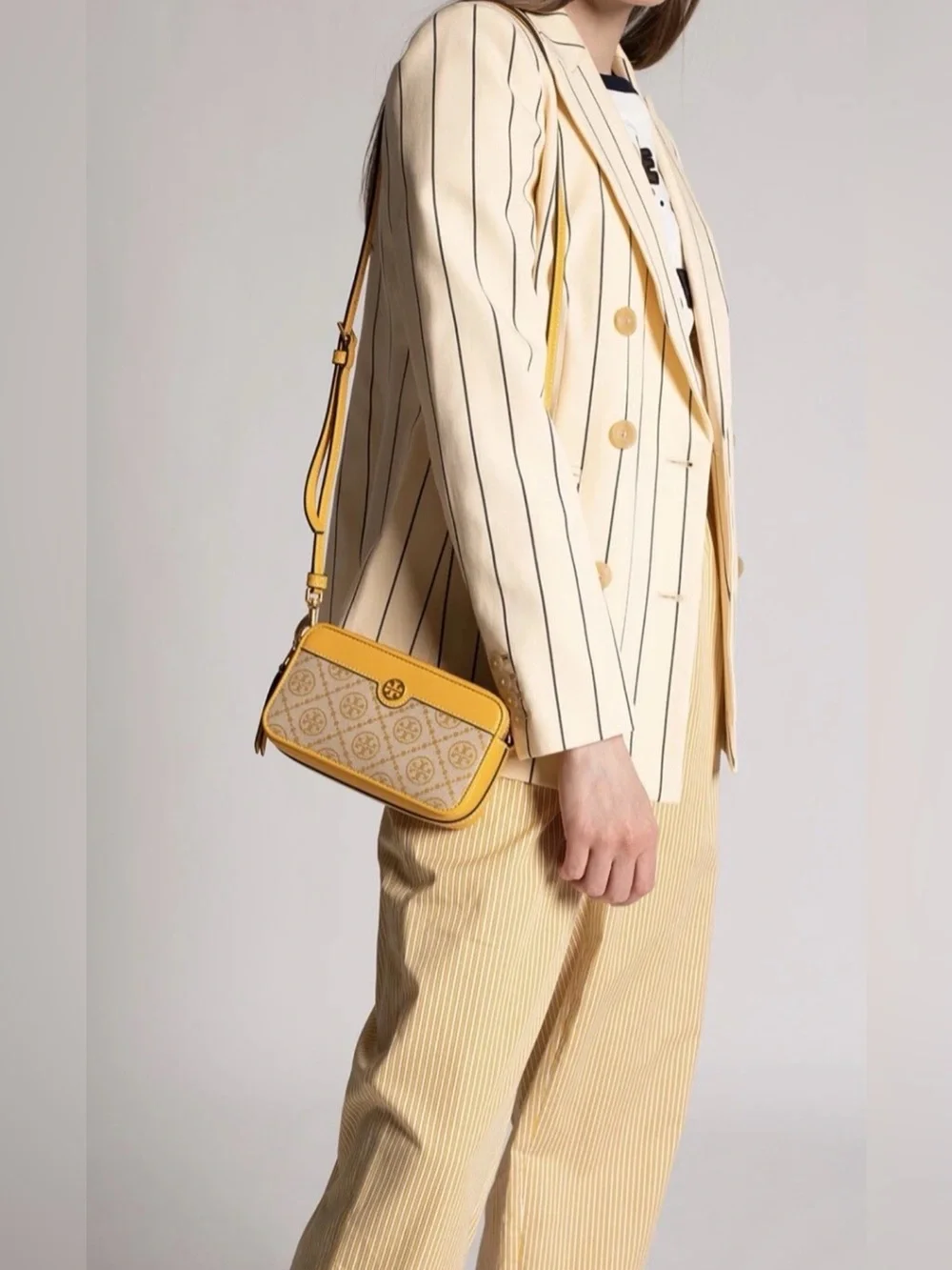 Tory Burch T Monogram Mini Yellow Tan Jacquard Crossbody